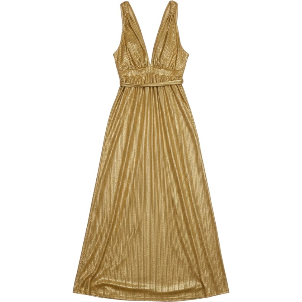 NWT Sincerely Jules Gold Metallic Plissé Pleated Plunge Maxi Dress L
